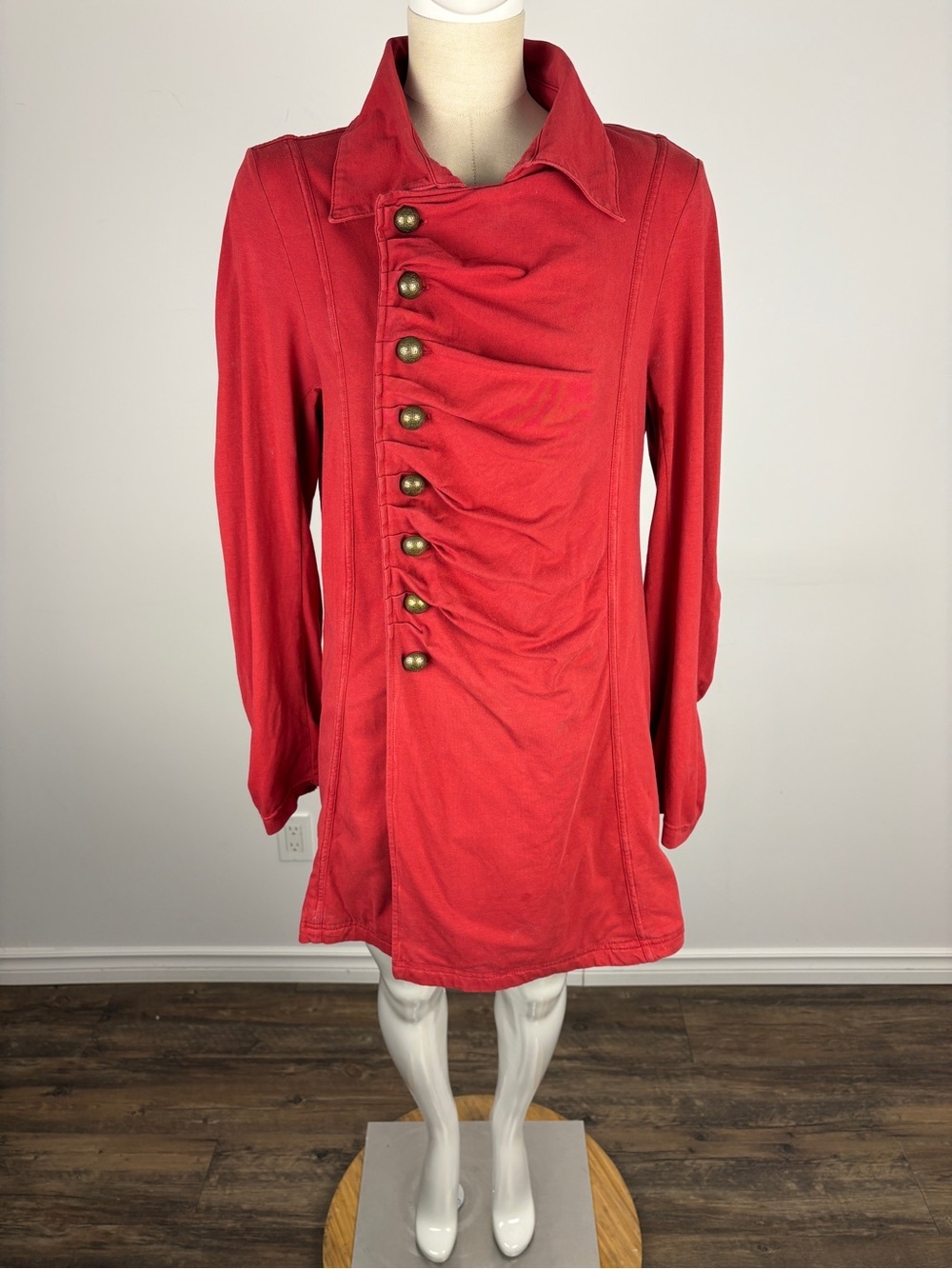 Neon Buddha Red Ruched Military Asymmetric Button Jacket Car Coat Artsy Boho M
